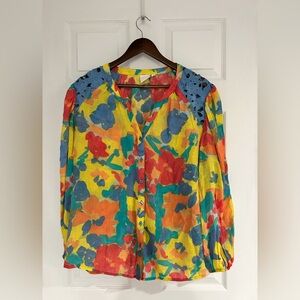 Zac & Rachel 1X Colorful Floral Blouse Boho Abstract Crochet Lace Shoulder
